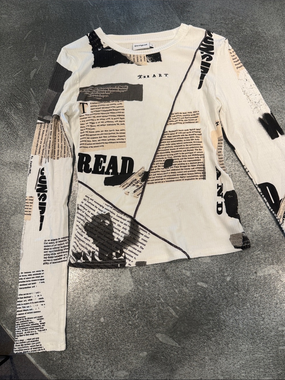 Desigual White Black Newspaper Print Long Sleeve Tee